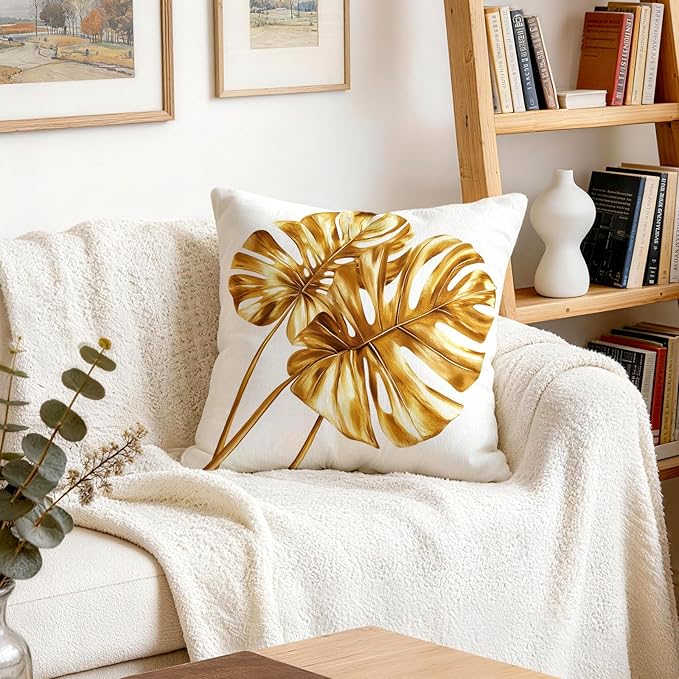 OBSEDE Golden Leaf Illustration Decorative Throw Pillow Covers 18 × 18 in