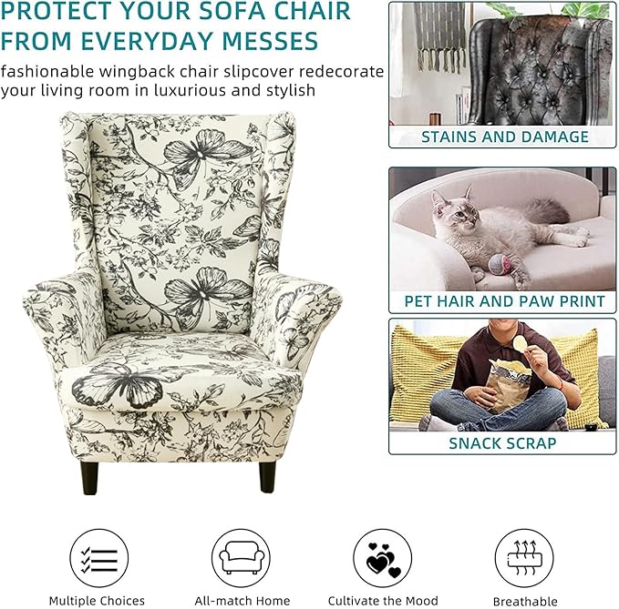 KRFOONN Velvet Wing Chair Slipcovers 2 Piece Stretch Printed Wingback Chair