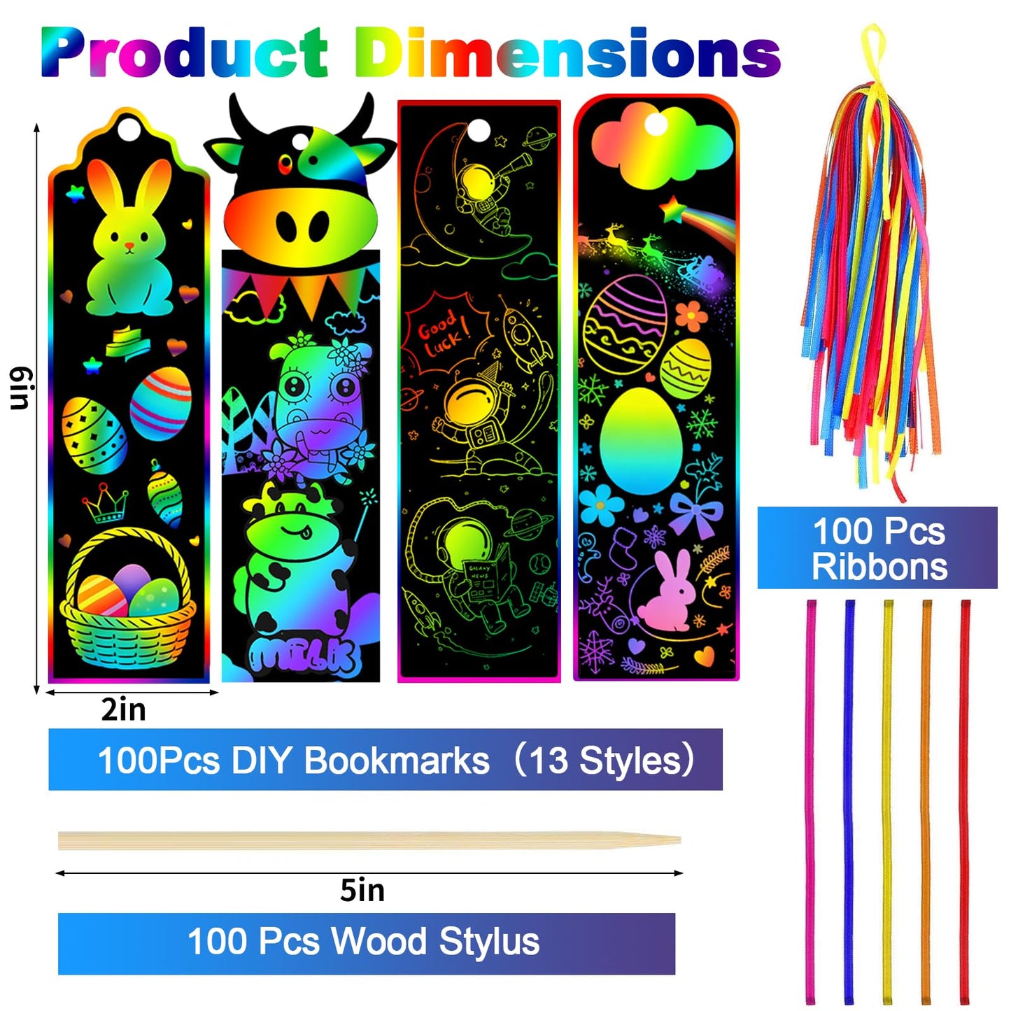 TCVENTS 100 Sets Scratch Art Bookmark Making Kit, DIY Animal Bulk Bookmarks with 100PCS Ribbons and 100PCS Wood Stylus for Kids 4-14 Years Old Students Classroom Prizes Gifts & Party Favors, 13 Styles