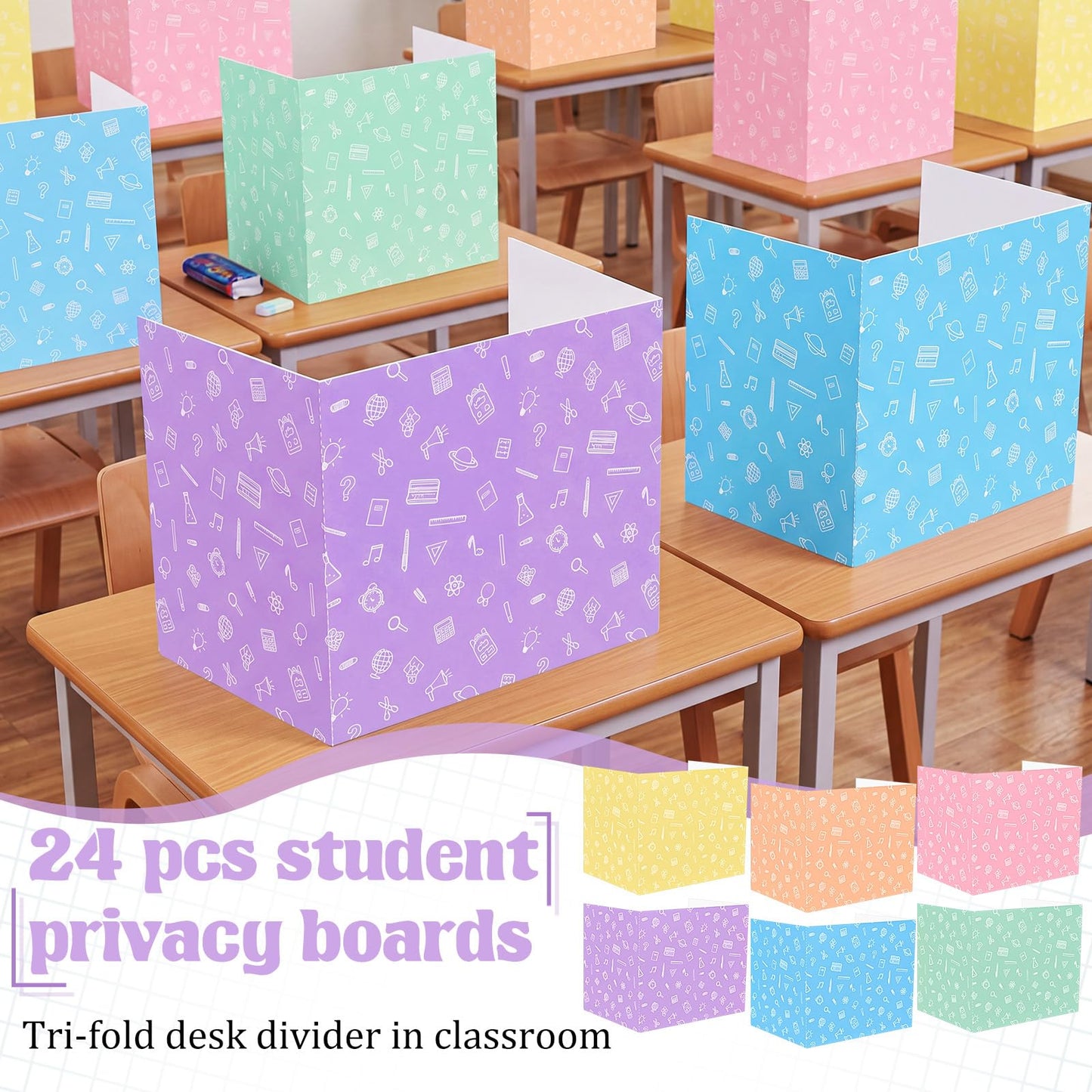 SATINIOR 24 Pcs Privacy Folders for Students, Desk Dividers for Classroom Testing, Trifold Cardboard Privacy Boards, Study Carrels Panel School Teacher Supplies(Stationery Style,Macaron Color)