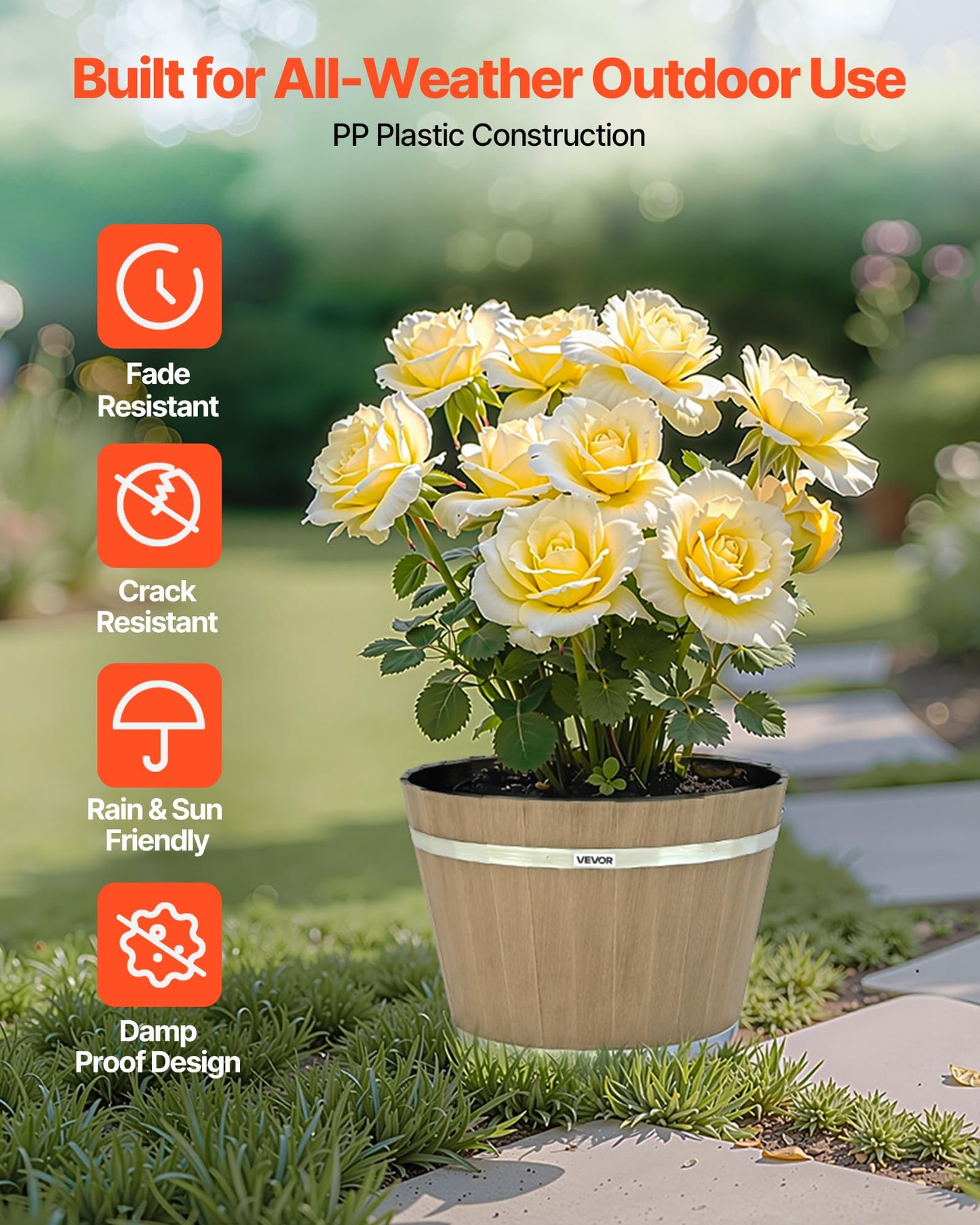 VEVOR Plant Pots, 4 Pack 11.81 inch Whiskey Barrel Planters with Drainage Holes, Large Outside Plastic Decoration Flower Pot Imitation Wine Barrel Design for Indoor Outdoor Garden Home Plants, Brown