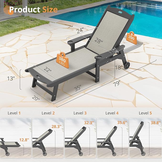LUE BONA Chaise Lounge Chair Outdoor Set of 4, HDPS and HDPE Wicker Material