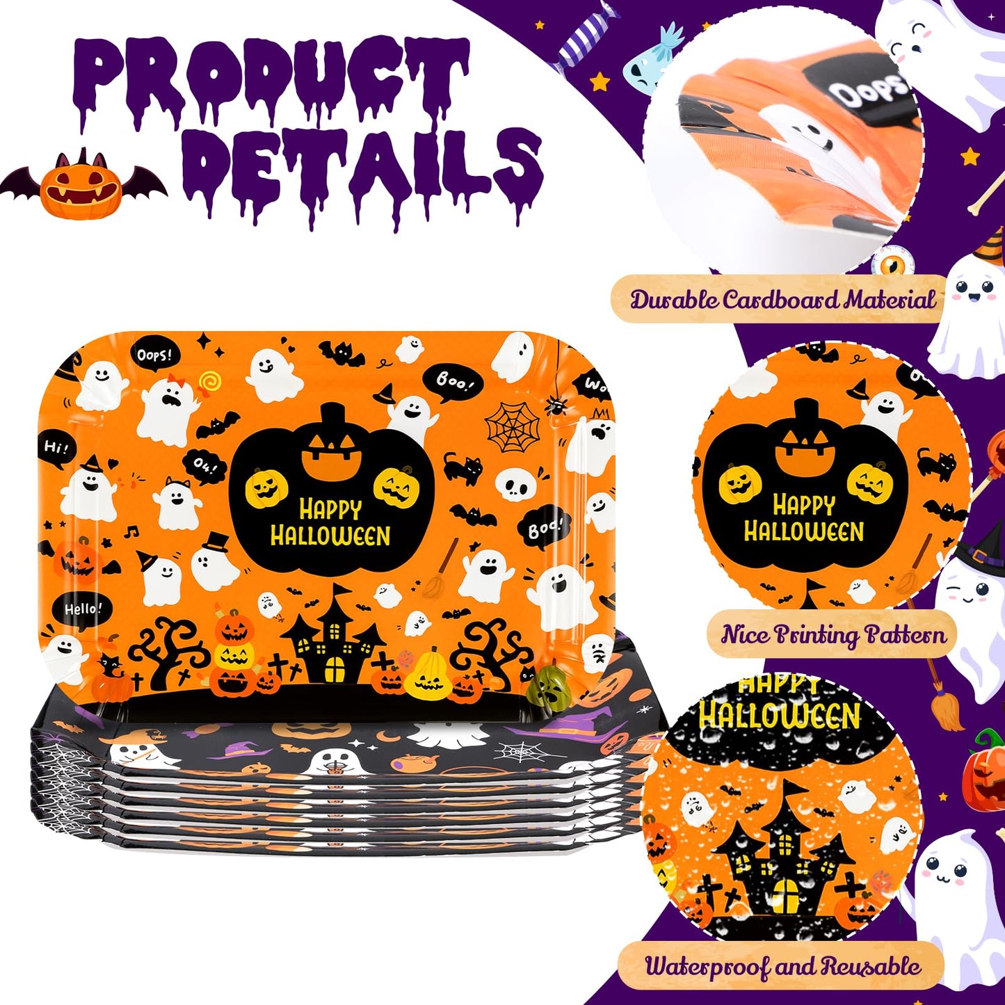 Acellegic 24 Pcs Halloween Serving Trays 13 X 9 Inch Large Platters Pumpkin Bat Ghost Food Trays for Movie Night Halloween Birthday Party Supplies