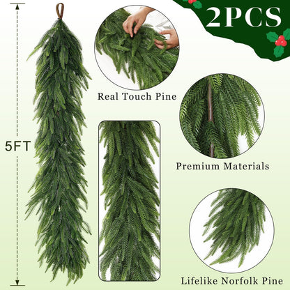 Christmas Norfolk Pine Garlands - 5ft Artificial Garland Faux Green Fake Pine Needles Garland for Fireplace,Table,Window,Stairs,Mante,Holiday Indoor Outdoor Xmas Decor(2PCS)