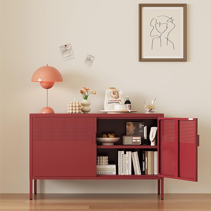 Metal Storage Cabinet, 2 Door TV Stand, Metal Mesh Accent Cabinet, Magnetic