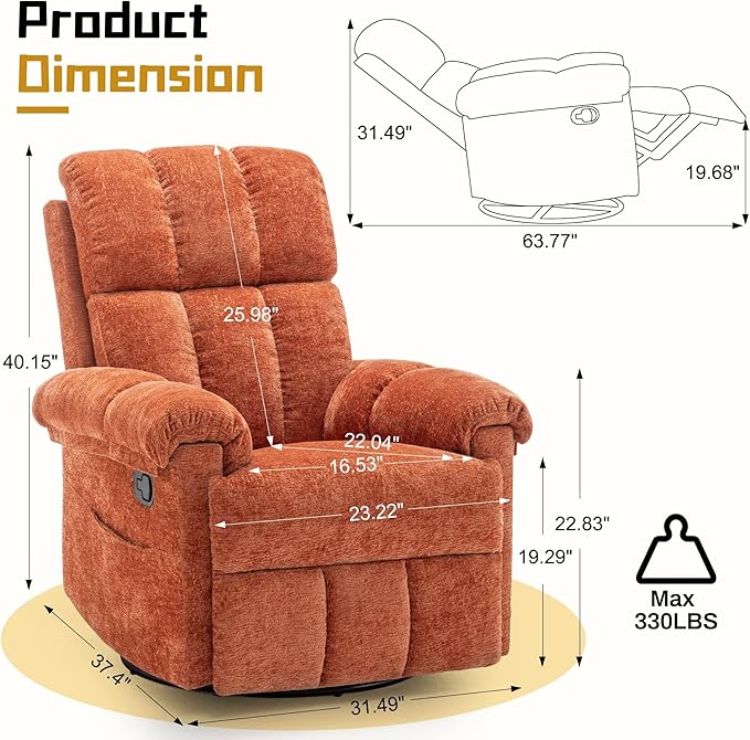 Korser Recliner Chair, Swivel Rocker Recliner Chair