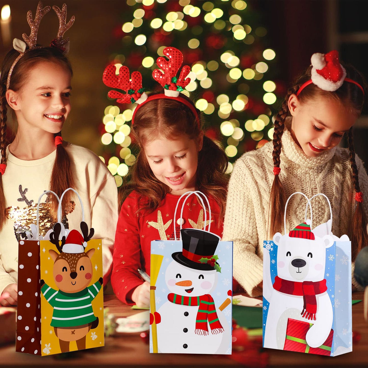 Funrous 36 Pack 36 Pack Christmas Gift Bags 6 Designs Christmas Kraft Paper Bags Xmas Treat Goodie Favors with Handles for Winter Holiday Snacks Gift Party Supplies, 8.6 x 6.3 x 3.2 Inch