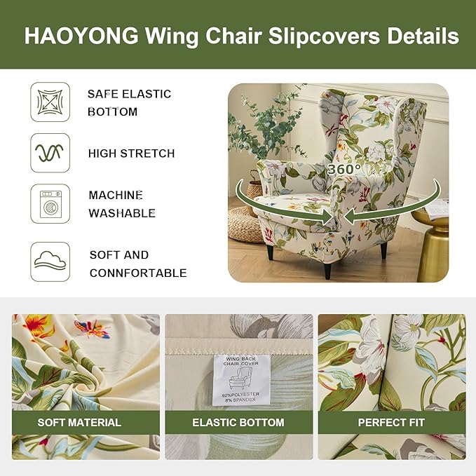 HAOYONG Wing Chair Slipcovers Printed Wingback Chair Covers 2 Pieces Wingback