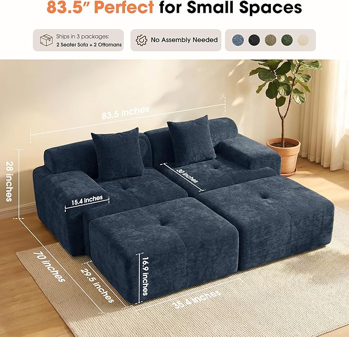 83.5" Boneless Loveseat with 2 Ottoman, Cloud Comfy Sofa Bed, Modular Sofa