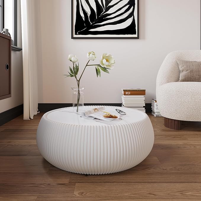27.55" Round Marble Coffee Table, Modern Drum Coffee Cocktail Center Tables