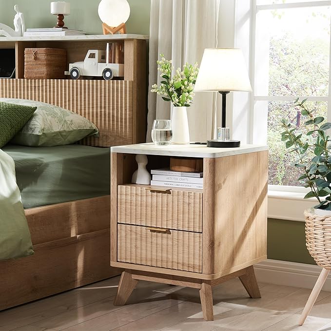 T4TREAM Fluted Nightstand with Charging Station, 2 Drawers End Table w/Storage