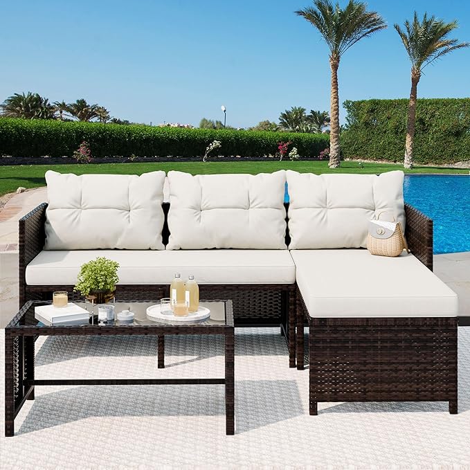 Vongrasig 3 Piece Patio Furniture Sets, All-Weather PE Wicker Outdoor Sofa