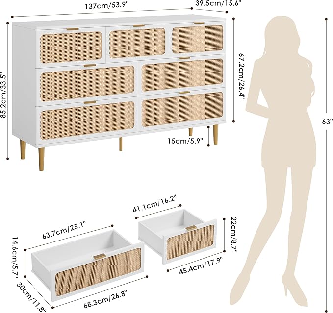 GarveeHome Rattan 7 Drawer Dressers