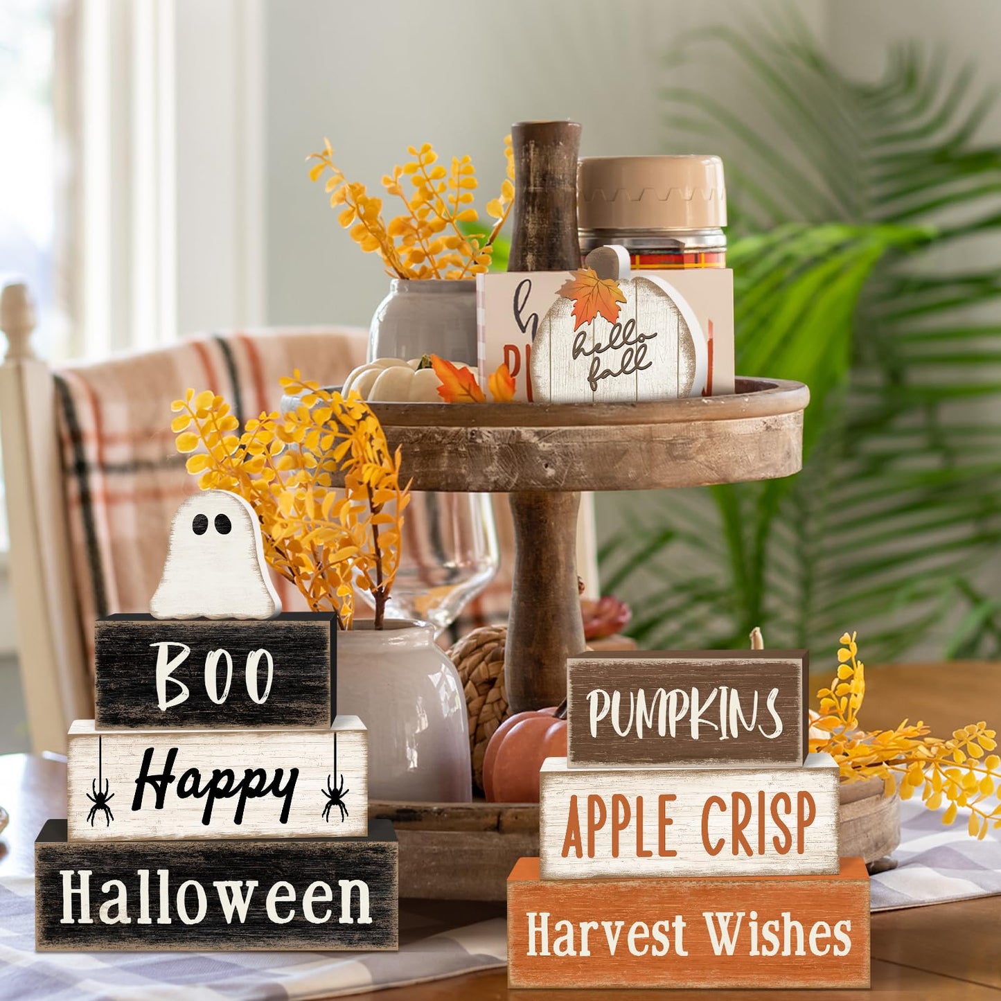 8Pcs Fall and Halloween Decor Wooden Ghost Pumpkin Table Decorations, Halloween Fall Tiered Tray Decor Rustic Cute Ghost Pumpkin Stack Signs Tabletop Centerpieces for Home Office Kitchen Shelf