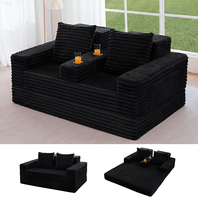 MAXYOYO Loveseat Sofa Bed, Striped Faux Fur Foldable Floor Sofa Couch in A Box
