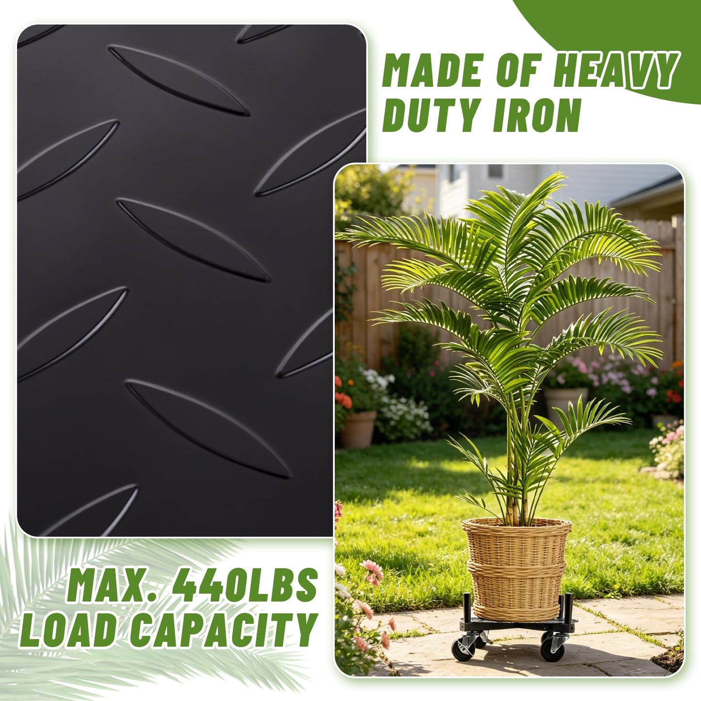 Plant Caddy with Wheels Heavy Duty, Adjustable 15-24 Inch Rolling Plant Stand with Lockable Casters, 440 Lbs Capacity Large Pot Roller Base Dolly Cart for Indoor Outdoor Use, Flower Pots, Planters