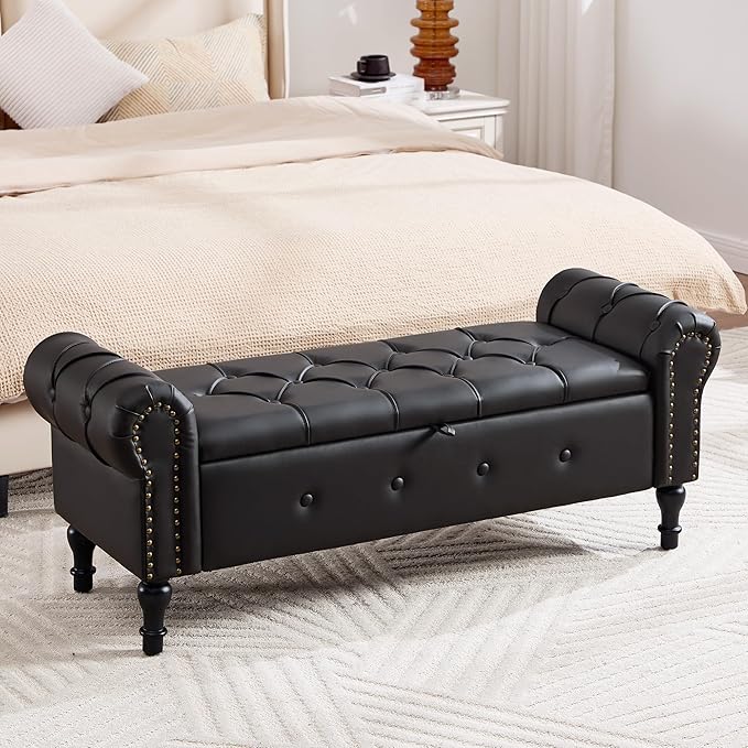Storage Bench for Bedroom, Faux Leather 51" End of Bed Bench, Queen Size Bench