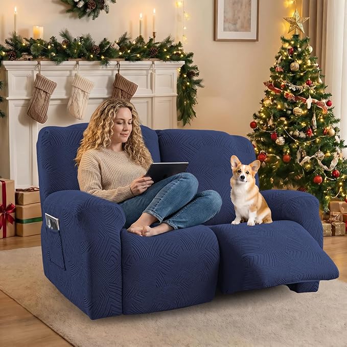 Recliner Loveseat Covers, 4-Piece Stretch Geometric Strokes Jacquard Reclining