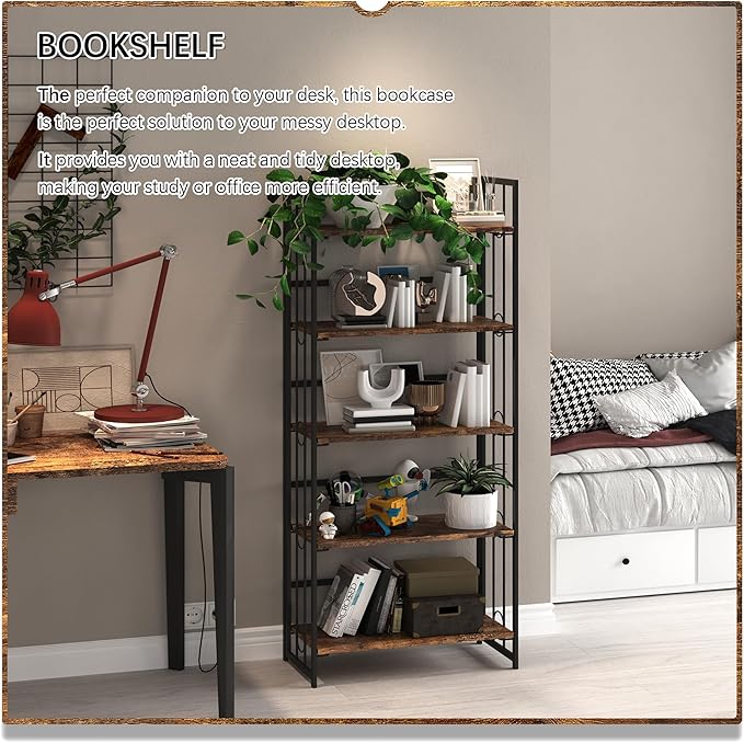 4NM No Assembly 5 Tiers Folding Bookshelf, 59.4" H Foldable Storage Shelves