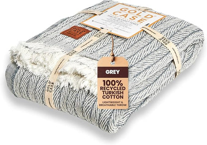 Gold Case Throw Blanket for Couch - 100% Recycled Turkish Cotton Blankets & Throws - Vintage Soft Throw Blankets for Living Room - Boho Decorative Woven Couch Blanket - 60x80 - Grey
