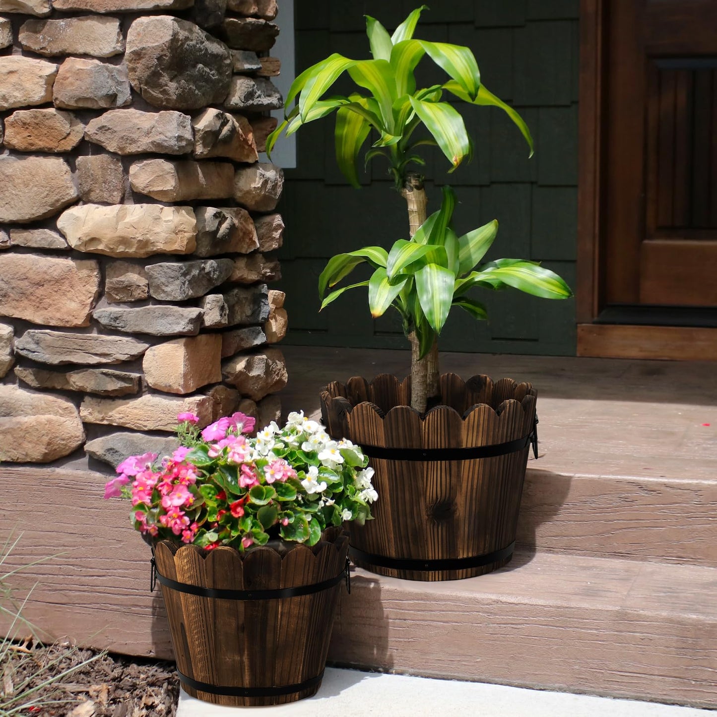 HakkaGirl Wooden Barrel Planters Flower Pots for Indoor Outdoor Plants, 10+11.5 inch Rustic Patio Garden Front Porch Planters Plant Pots Outdoor Decor Set of 2