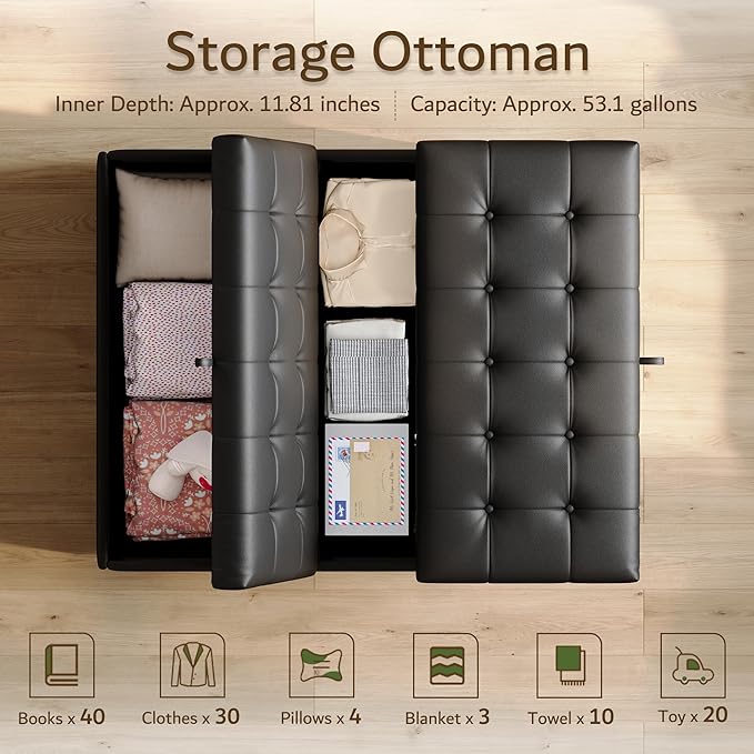 LINLUX Extra Large Leather Storage Ottoman, 35.5 Inch Large Square Lift Top