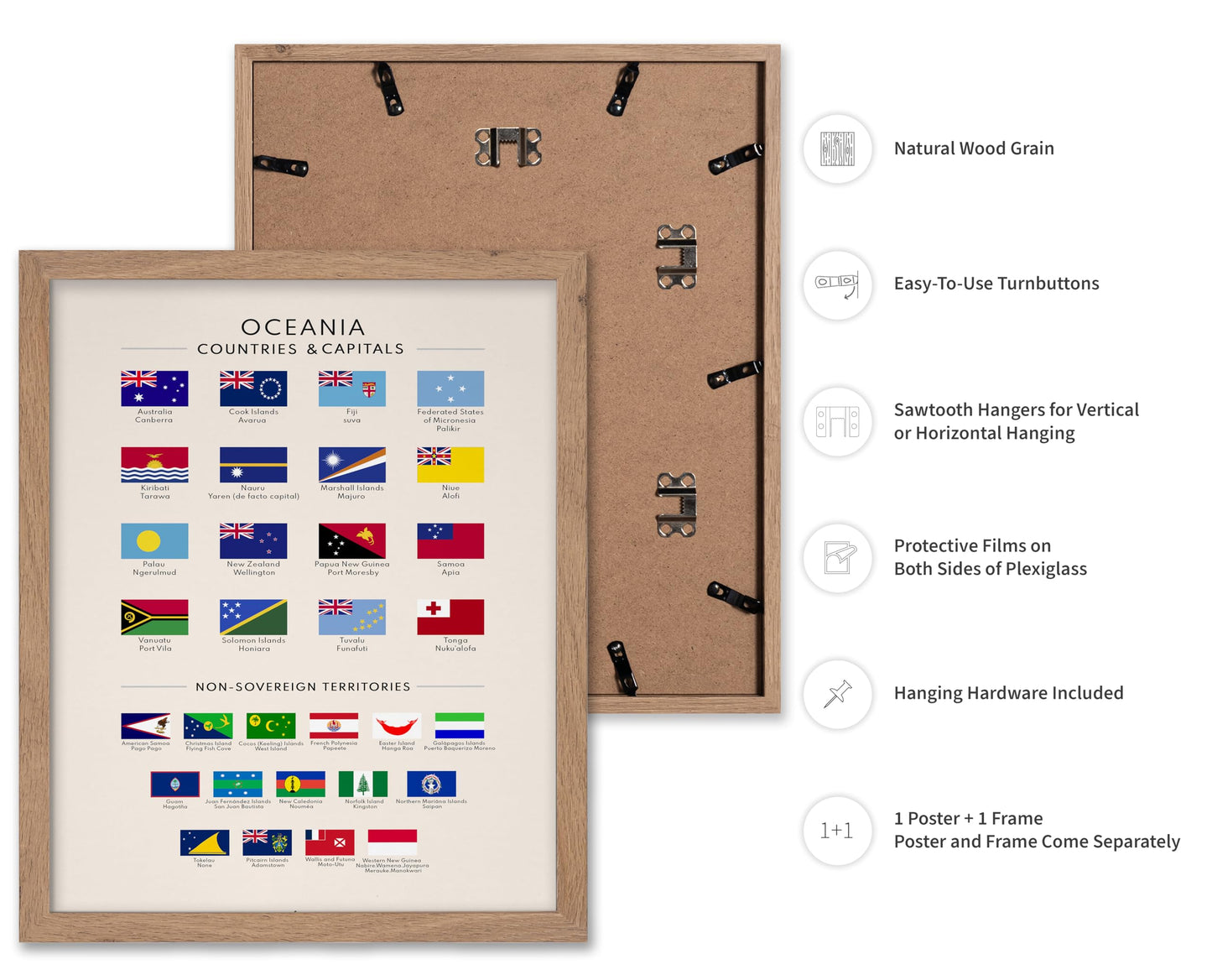 Poster Master Oceania Countries & Capitals Poster - Educational Print - Learning Materials Art - Flag Art - Gift for Student & Teacher - Great Decor for Classroom or Library, 11x14 Beige Framed