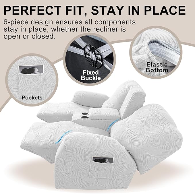 Recliner Loveseat Covers with Console, 6-Piece Stretch Geometric Strokes