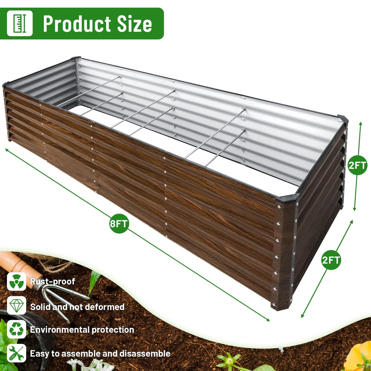 SnugNiture 2-Pack 8x2x2FT Galvanized Raised Garden Bed Kit, Metal Planter Box for Planting Plants Vegetables, Brown