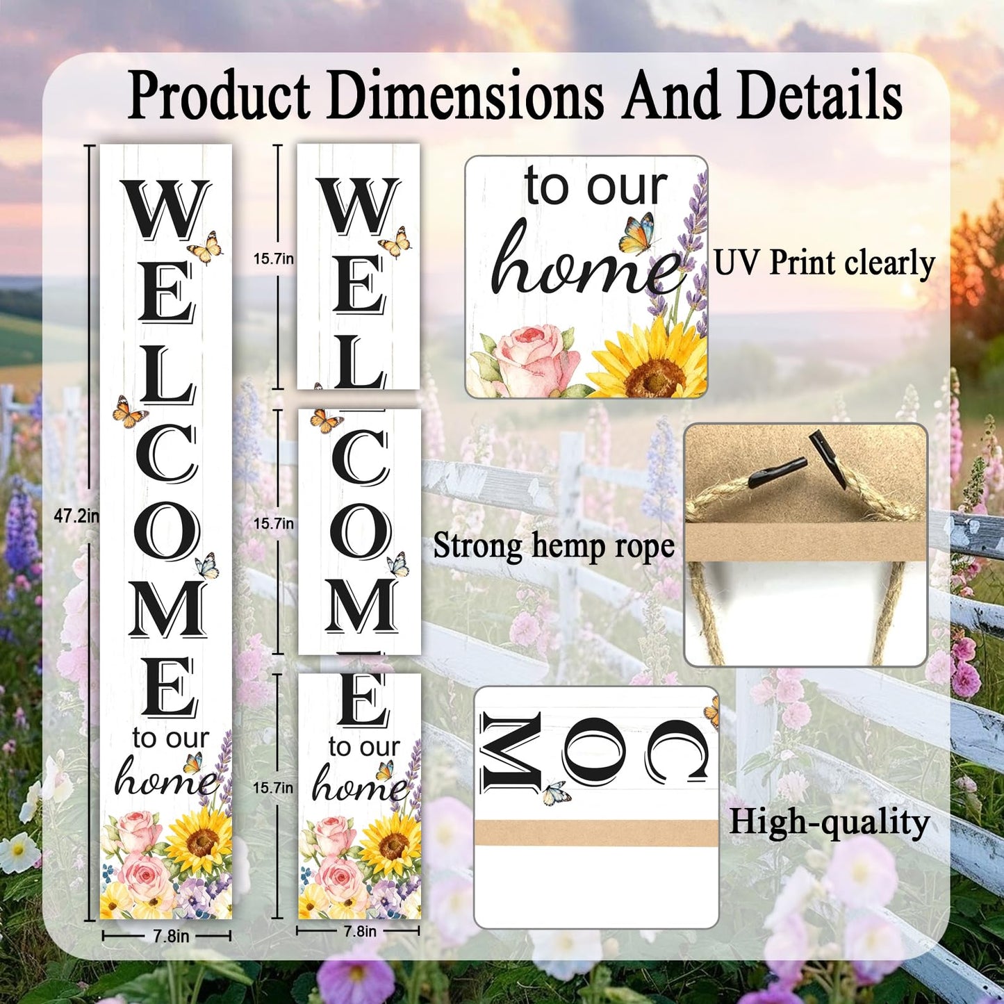 Welcome Sign for Front Door, Large 47 inch Wood Framed Welcome to Our Home Sign with Spring Flower Print & Hanging Rope, Vertical Farmhouse Wooden Board Standing for Outdoor Yard Patio