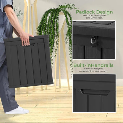 ROJIK Outdoor Storage Housing Deck Box - Waterproof Patio Furniture, Garden Tools, Cushions, Pool Accessories Storage Bench with Lockable Lid and Side Handles (Black, 50 Gal)