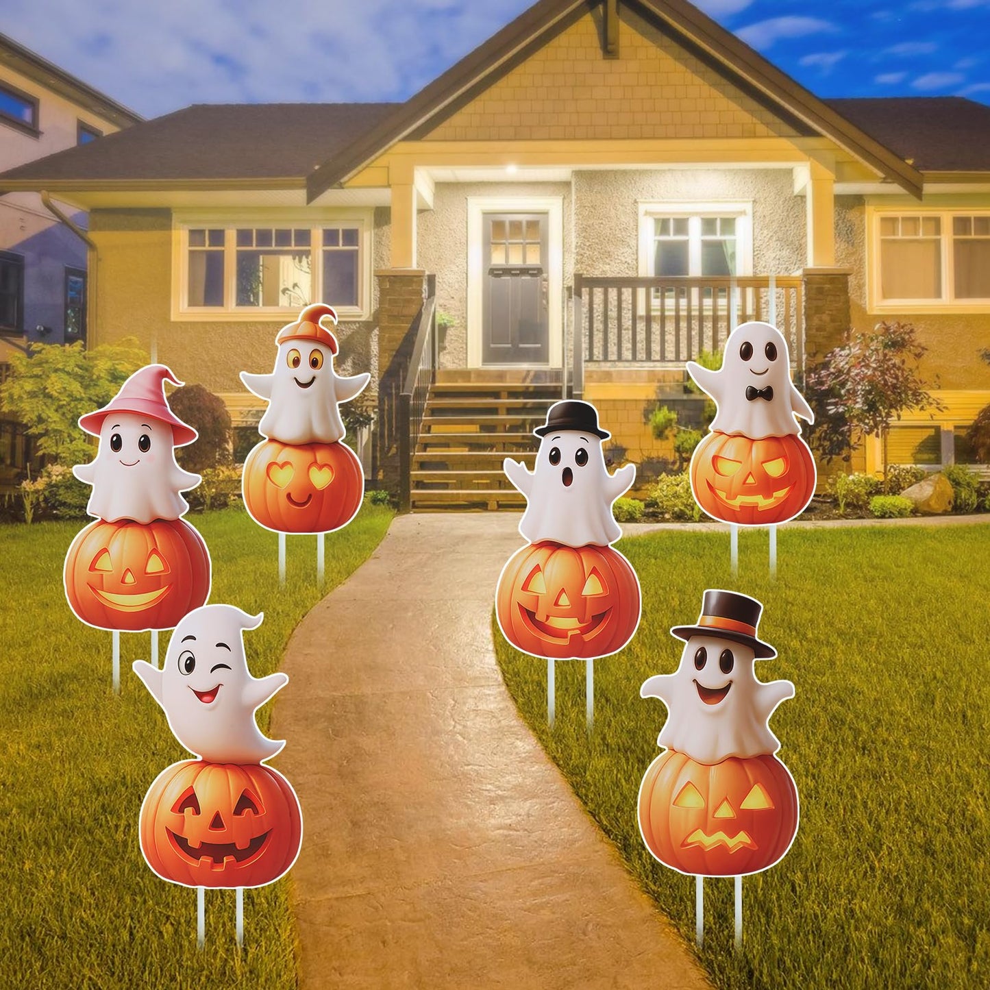 Outdoor Halloween Yard Signs, 6 PCS Cute Pumpkin Ghost Halloween Yard Stakes Kids Friendly for Lawn Garden Outside Home Decor