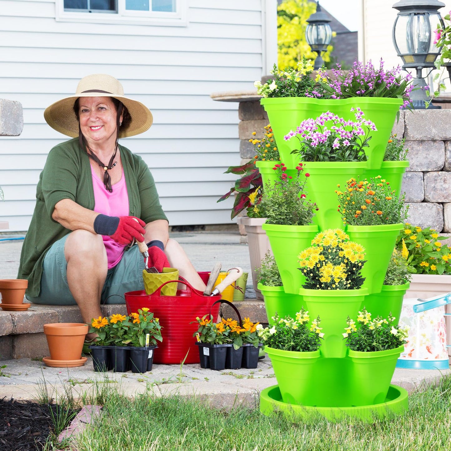 Umigy 2 Set 5 Tier Stackable Planters Vertical Garden Planters for Strawberry Herb Flower and Vegetable Indoor Outdoor Gardening Pots with Removable Wheels and Bottom(Green)