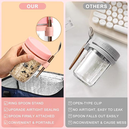 16oz Glass Mason Overnight Oats Jars, Cereal, Yogurt, Salad Lunch,Glass Overnight Oats Containers with Lids and Spoon, Container with Measurement Marks - (Grey-2Pcs)