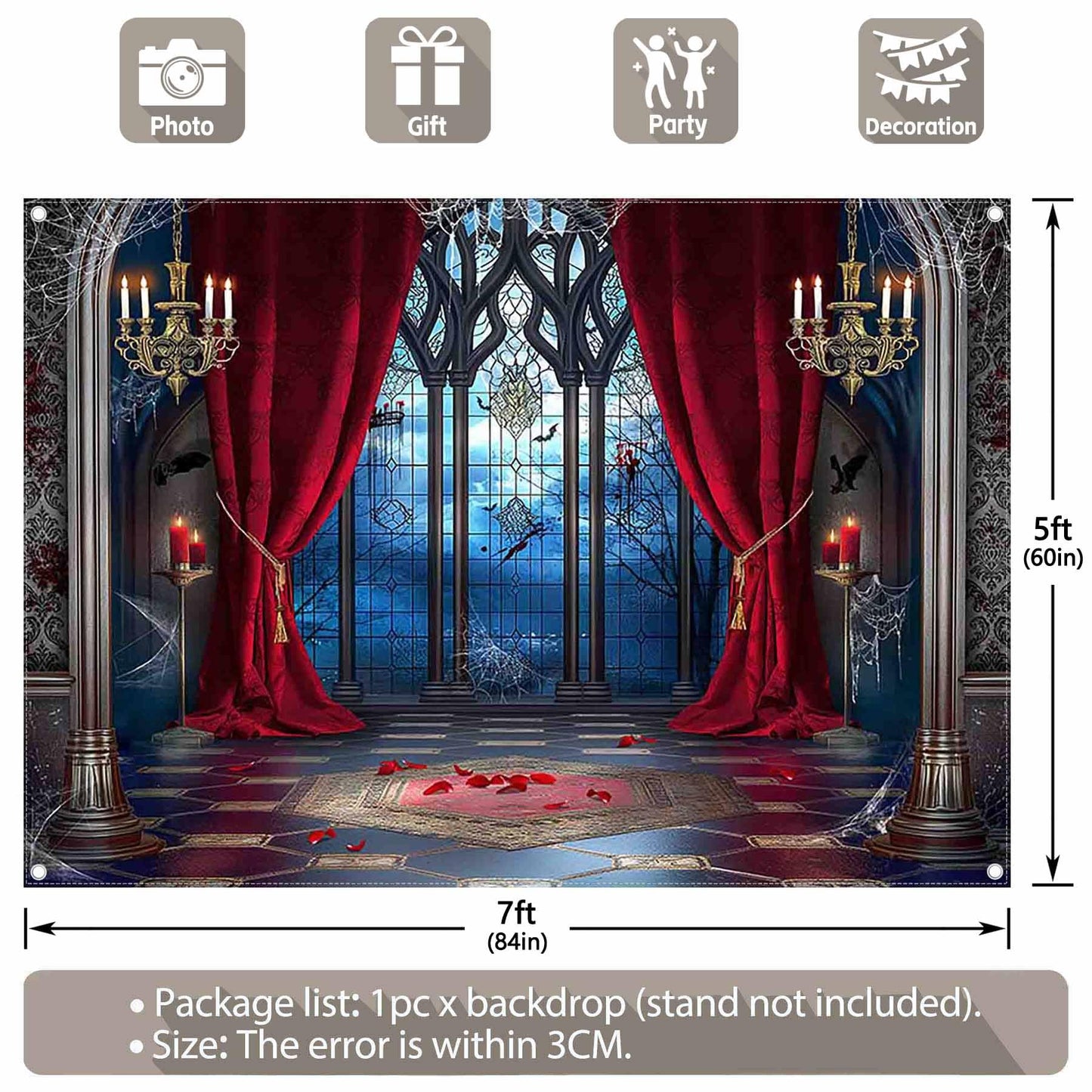 YCUCUEI 7x5ft Fabric Halloween Vampire Medieval Castle Backdrop Gothic Window Red Curtain Bats Photography Background Haunted House Party Decor Photo Props