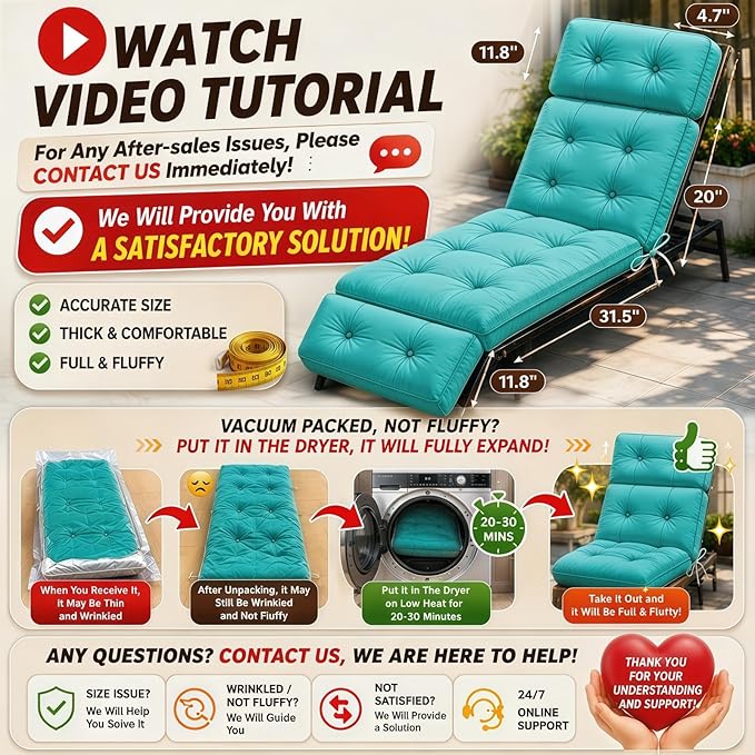 Outdoor Chaise Lounge Cushion, Waterproof 74.4x22x4.7 Inch Thick Cotton Filled