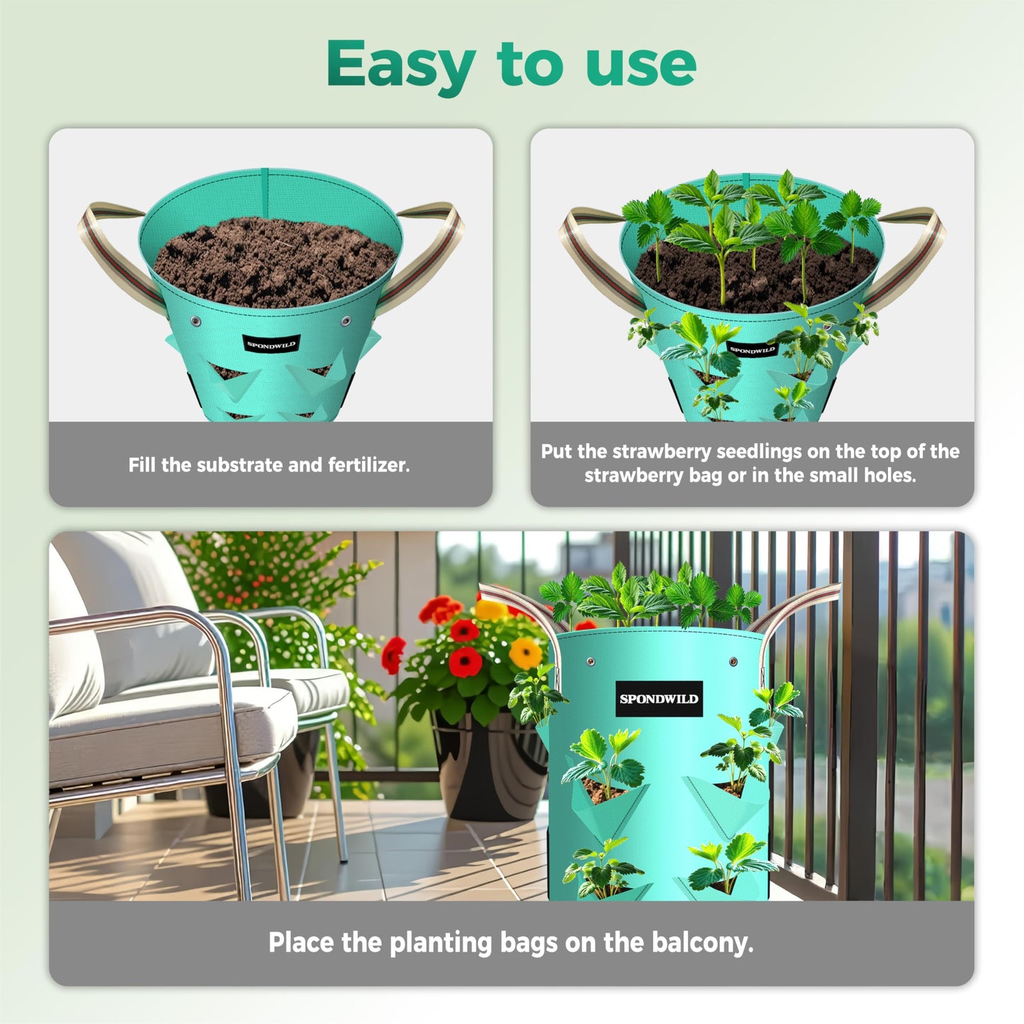 SPONDWILD 3 Pack 15 Gallon Strawberry Grow Bags, Heavy Duty Reusable PE Pots with Breathable Window, Branch & Drainage Holes, Reinforced Handles for Strawberries, Veggies, Flowers, Balcony/Patio Use