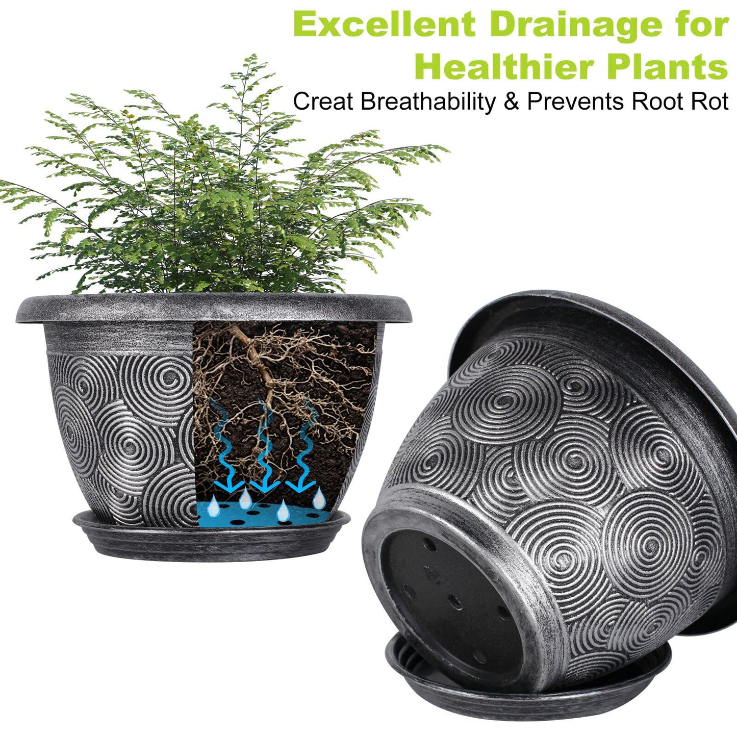 10-Inch -Plastic-Pots -For-Plant With Saucer, 4 Pack Outdoor Planters With Drainage Holes, Decorative Flower Pots For Indoor Plants, Modern 3D Swirl Silver Plant Pots With With Removable Tray