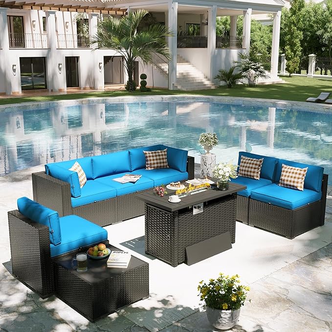 Aoxun Patio Furniture Set with Fire Pit Table, 8 Piece Outdoor Sectional Sofas