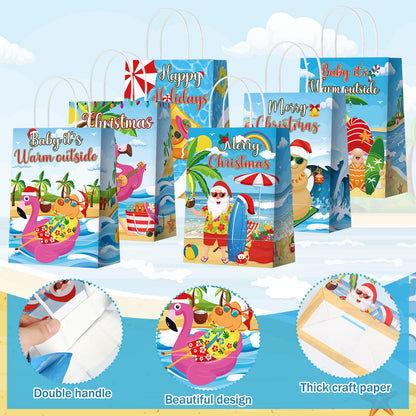 Kolldenn 48 Pcs Hawaiian Christmas Goodie Bags Summer Christmas Party Favor Bag Xmas Gift Paper Bags with Handle Tropical Beach Santa Flamingo Candy Treat Pouch for Xmas Pool Birthday Party