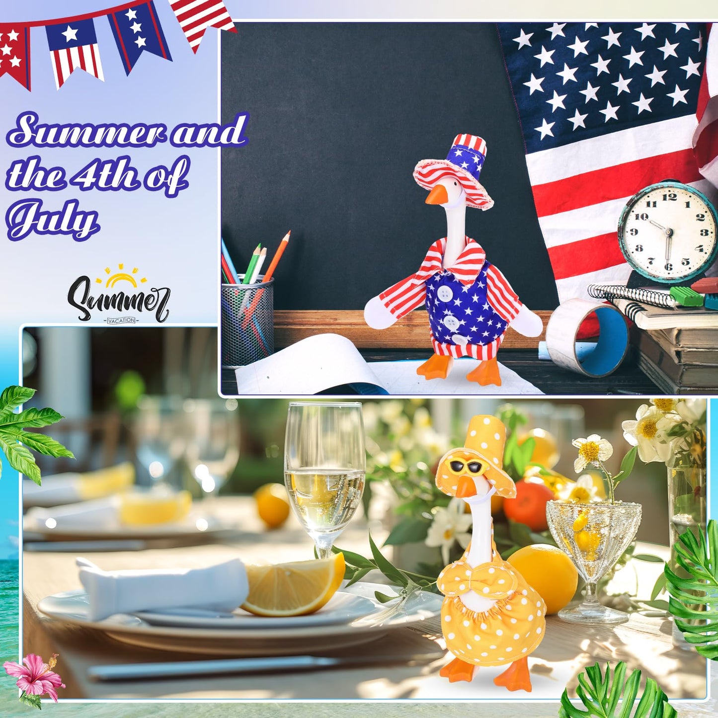 FuWeave 8 Set Holiday Porch Goose Outfits 250th Anniversary Summer 4th of July Fall Halloween Christmas Valentine St. Patrick Easter Lawn Porch Goose Clothing for Patio Yard Lawn Decor(Style1,7 Inch)