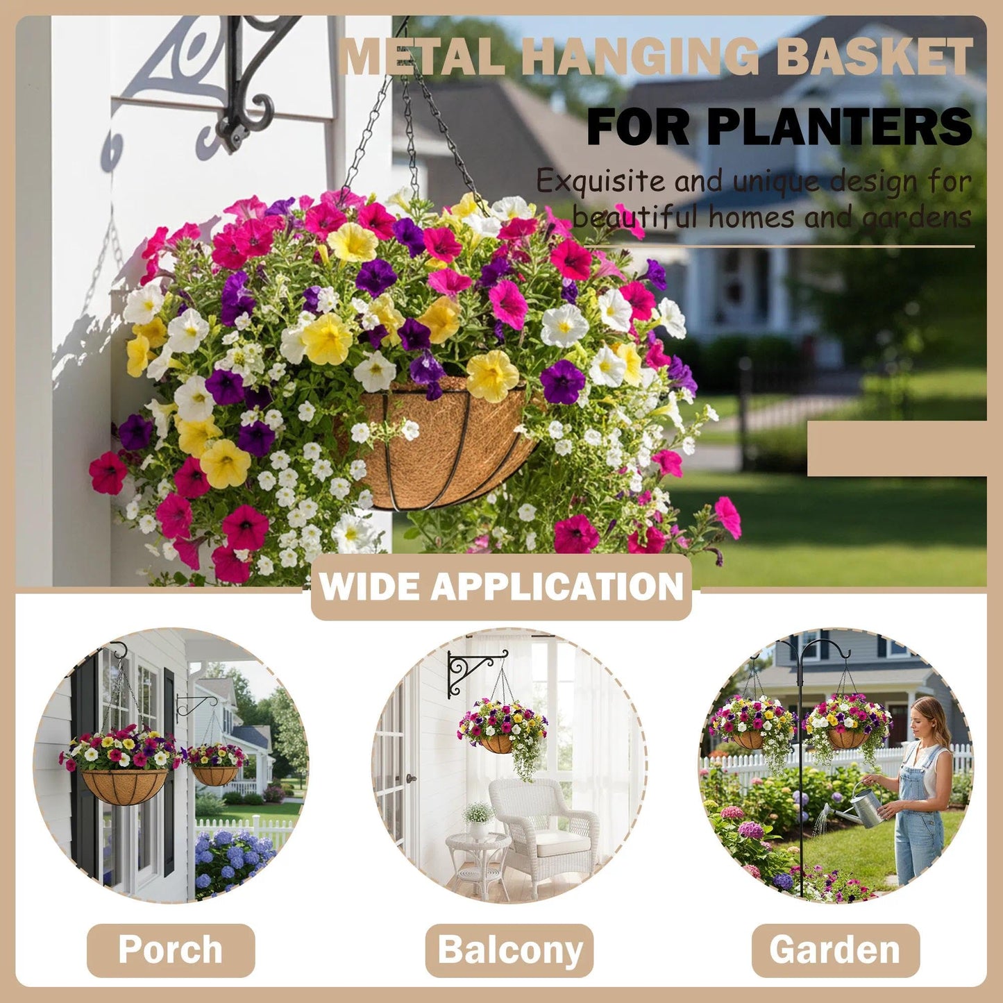 KIDYBELL 2 Pack 12 inch Hanging Baskets Planter for Plants Vegetables Flowers Outdoor Black Round Wire Plant Holder with Coco Fiber Liners Garden Balcony Patio Deck Porch Indoor Hanging Baskets