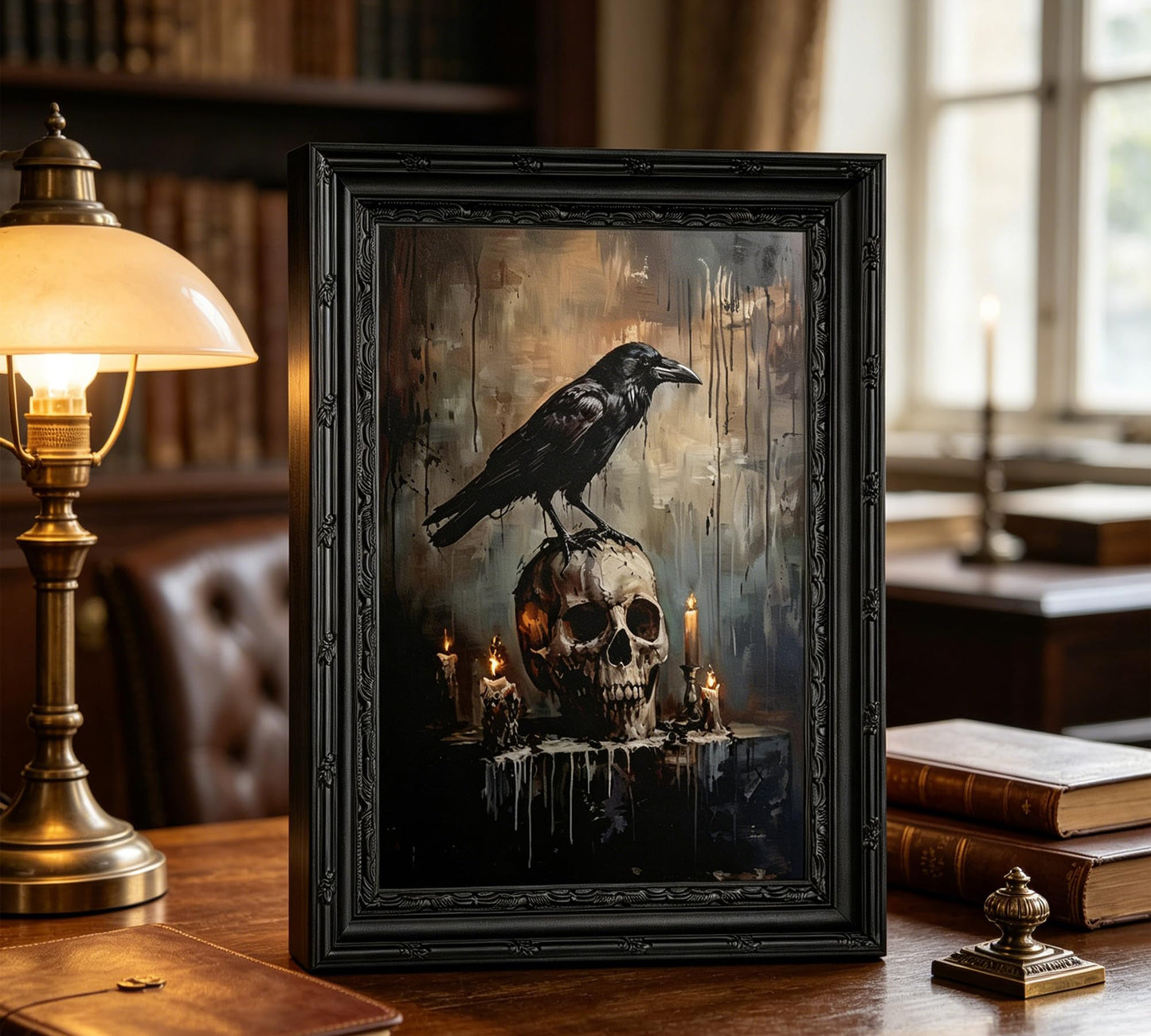 Gothic Crow & Skull Wall Art, Dark Academia Raven Perched on Skull Framed Canvas Wall Decor, Macabre Halloween Art for Home, Living Room, Bedroom, 9x11 Inch