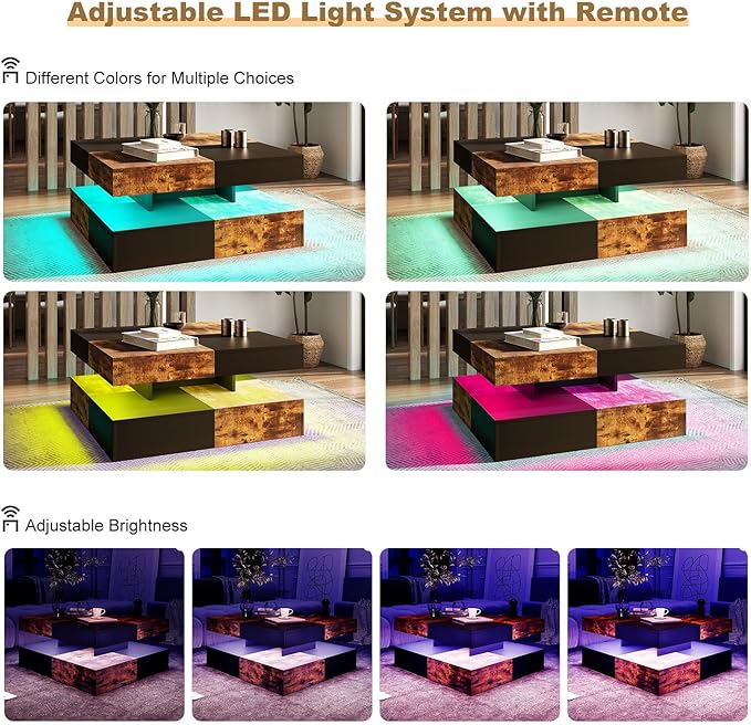 HedoAjim LED Coffee Table for Living Room, Living Room Table 2-Tier Square