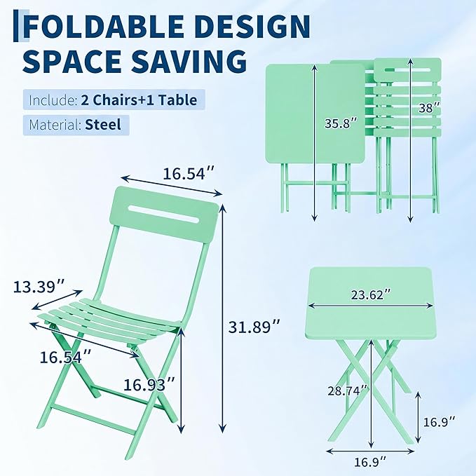 GarveeTech 3-Piece Folding Bistro Set, Heavy Duty Outdoor Patio Furniture