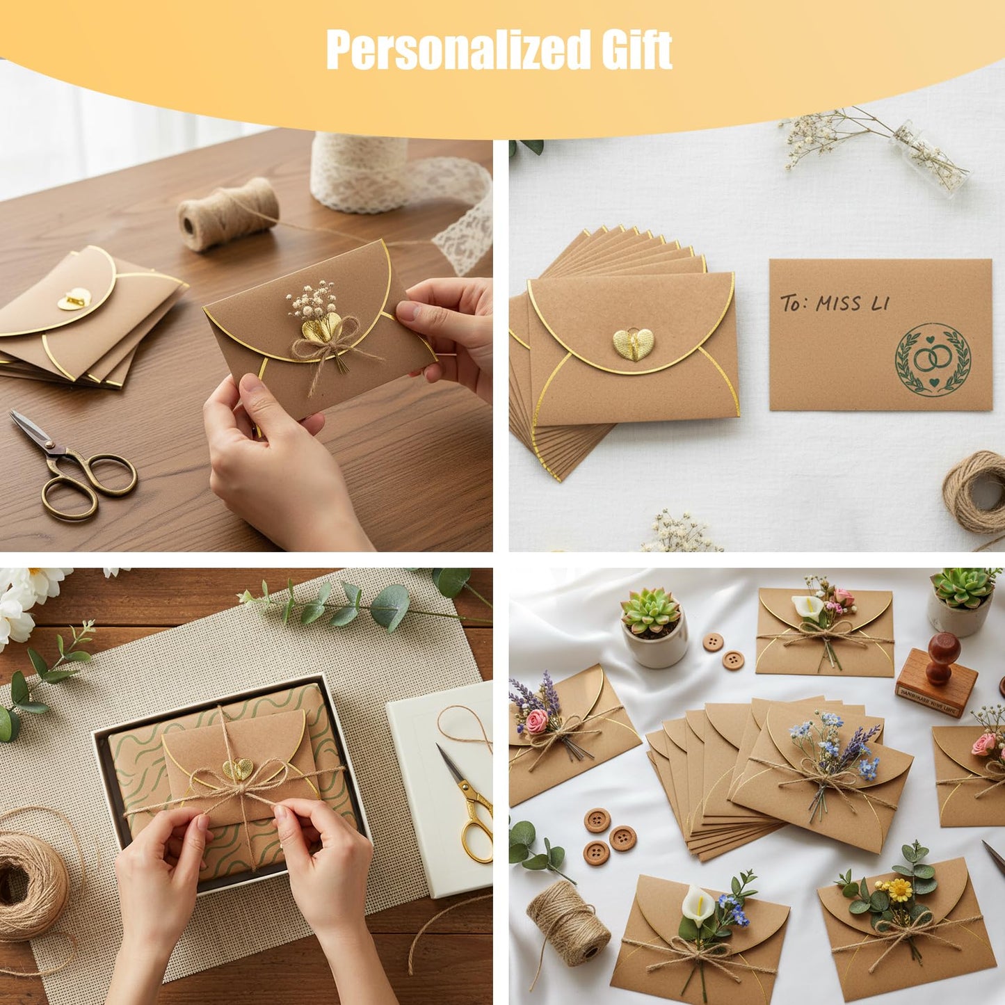 JOHOUSE 50PCS Mini Gift Card Envelopes, 4 x 3 Inch Brown Gift Card Holders with Gold Border & Heart Clasp, for Thank You Cards, Wedding, Birthday, Business Cards