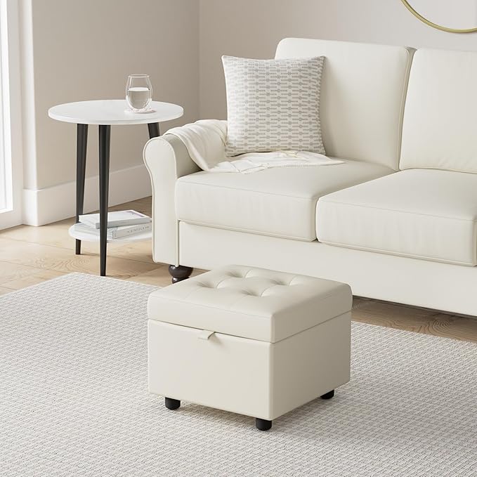 H&B Luxuries Tufted Leather Square Flip Top Storage Ottoman Cube Foot Rest
