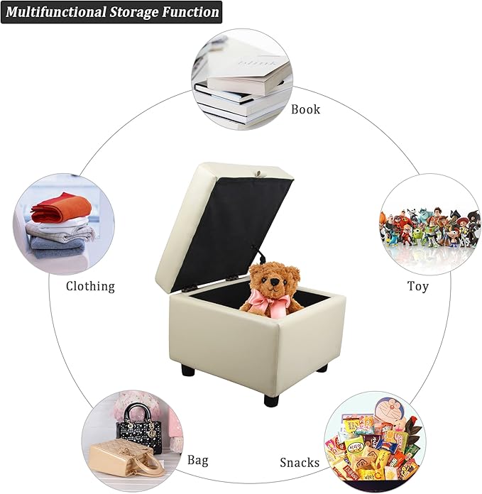 H&B Luxuries Tufted Leather Square Flip Top Storage Ottoman Cube Foot Rest