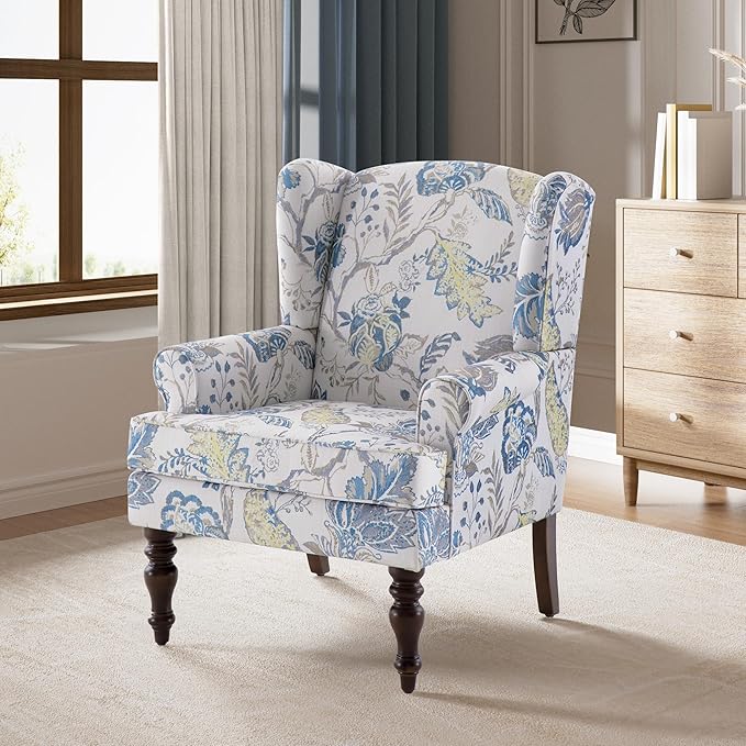 HUIMO Printed Wingback Accent Chair, Linen Upholstered High Back Armchair