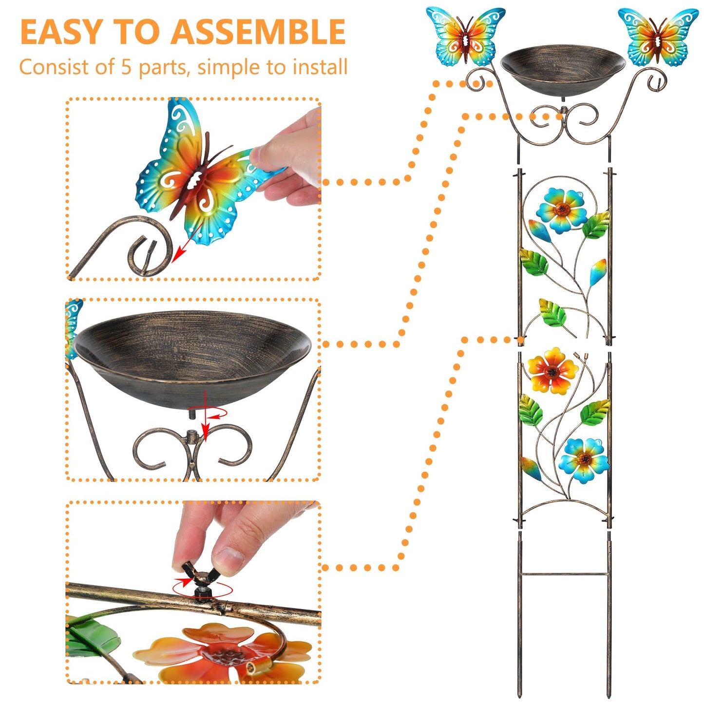 Garden Trellis Bird Bath Outdoor, 43.5 Inch Antique Iron Garden Plant Trellis Decorative with Floral-Butterflies and Detachable Drinking Basin Bowl, Free Standing BirdBath Birdfeeder Station